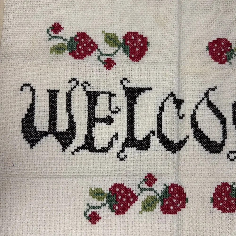 Cross Stitch Welcome Strawberries Finished Completed Sampler Vintage 80’s Gift